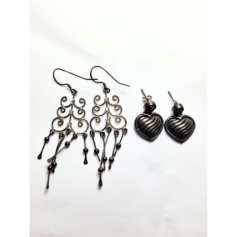 Southwestern Style Heart Stud Earrings & Chandelier Earrings Silver Tone Lot